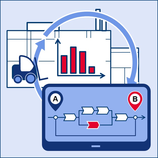 Das Icon illustriert die Vorlesung Simulation von Produktions- und Logistiksystemen.
