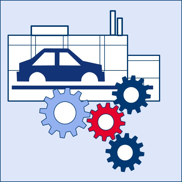 Das Icon illustriert die Vorlesung Fabrikbau im Automobilbau.