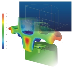 Zusammengesetzte Abbildung aus dem FEM-Simulationsbild eines Schmiedeteils und des CAD-Bilds des dazugehörigen Schmiedewerkzeugs