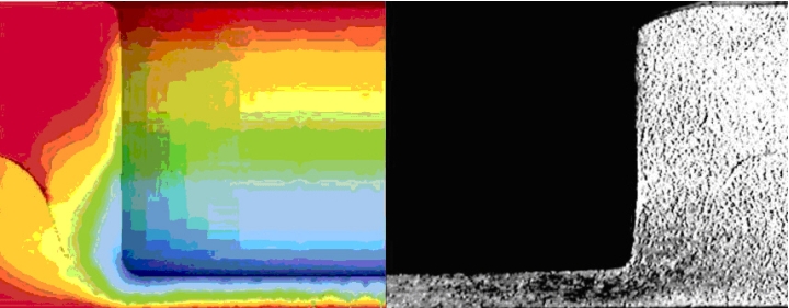 Zweigeteiltes Bild: Darstellung Links: FEM-Simulationsbild des Flach-Clinchens, Darstellung Rechts: Schliffbild der Flach-Clinch-Verbidnung