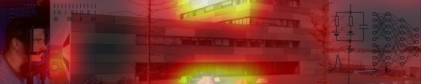 Titelzeile Professur PHKP: Physikgebäude mit Heatmap, Eyetracker, neuronales Netz