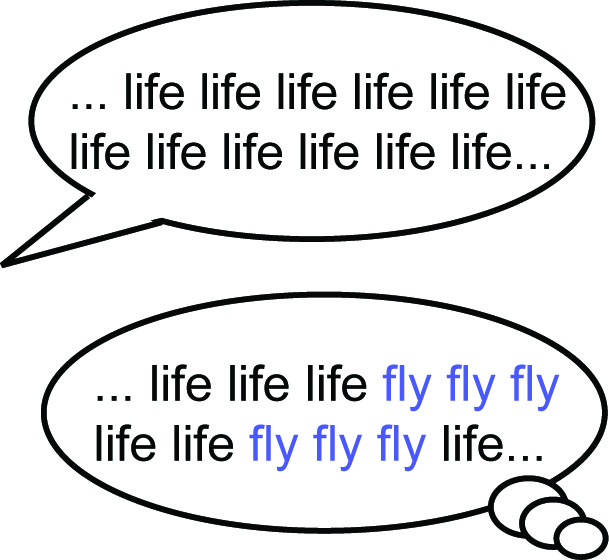 Symbol: verbal transformation; speech bubble "life", thought bubble "fly" and "life"