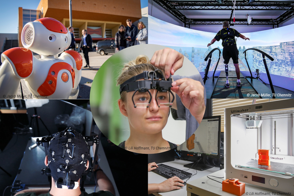 Collage beispielhafter SeKo-Berufsfelder und -Forschungsmethoden (Sensorik/3D-Druck, Robitik, Motiontracking, VR, Eyetracking, EEG)