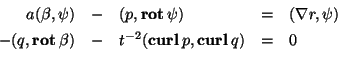\begin{displaymath}\begin{array}{rclcl}
a(\mathbf{\beta},\mathbf{\psi}) & - & (p...
...url\,}}p,\mbox{\textbf{curl\,}}q) & = & 0 \\ [1ex]
\end{array} \end{displaymath}