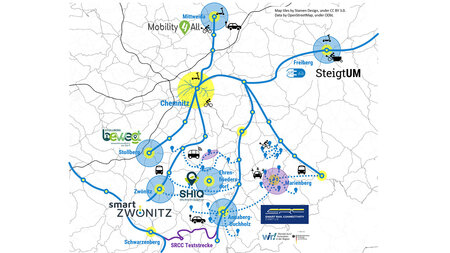 Landkarte mit eingezeichneten Standorten von Projekten und Verkehrswegen
