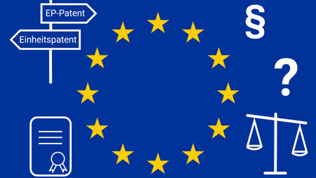Mehrere weiße Icons zum Thema Patente und Europa auf blauem Grund.