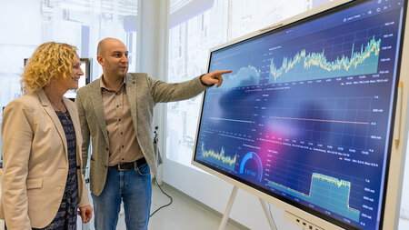 Ein Mann zeigt einer Frau auf einem groen Monitor Diagramme.