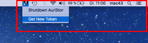 Bildschirmfoto: AuriStor-Menü am oberen Bildschirmrand