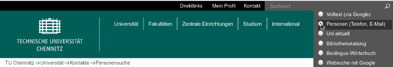 Ausschnitt der TU-Chemnitz-Webseite, Personensuche im Kopfbereich