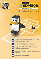 Plakat der Chemnitzer Linux-Tage 2015 mit den Veranstaltungshighlights – mit Maushand