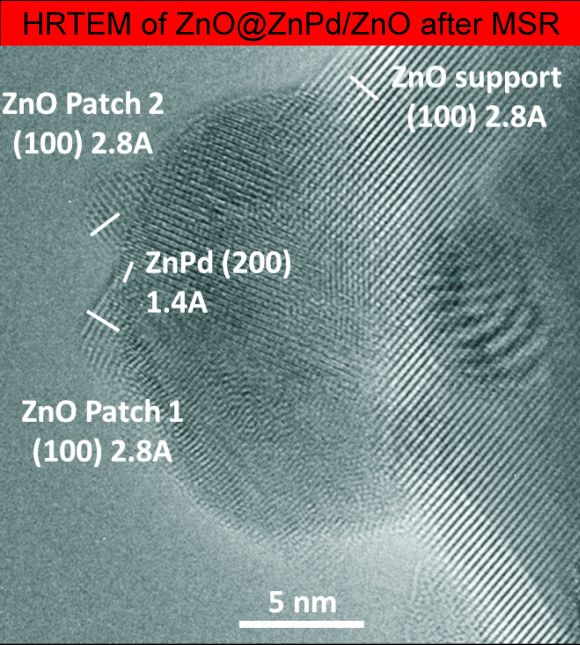 HR-TEM image of zinc oxide on ZnPd/ZnO compounds after methanol steam reforming