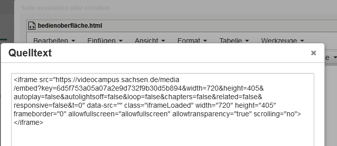 Fenster zum Einbinden von Video-Link im Kursbaustein Einzelne Seite