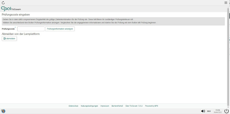 Im SEB muss der Prüfungscode eingeben werden, der den Prüfungsteilnehmenden bereitgestellt wird.