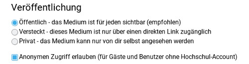 Auswahlfelder für Status der Veröffentlichung