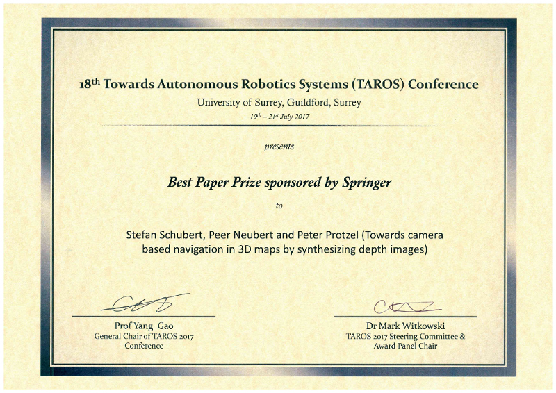 TAROS 2017 Best Paper Award. Towards camera based navigation in 3D maps by synthesizing depth images. Stefan Schubert