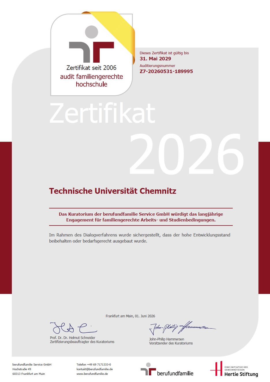 Zertifikat zum "audit familiengerechte hochschule" 2026