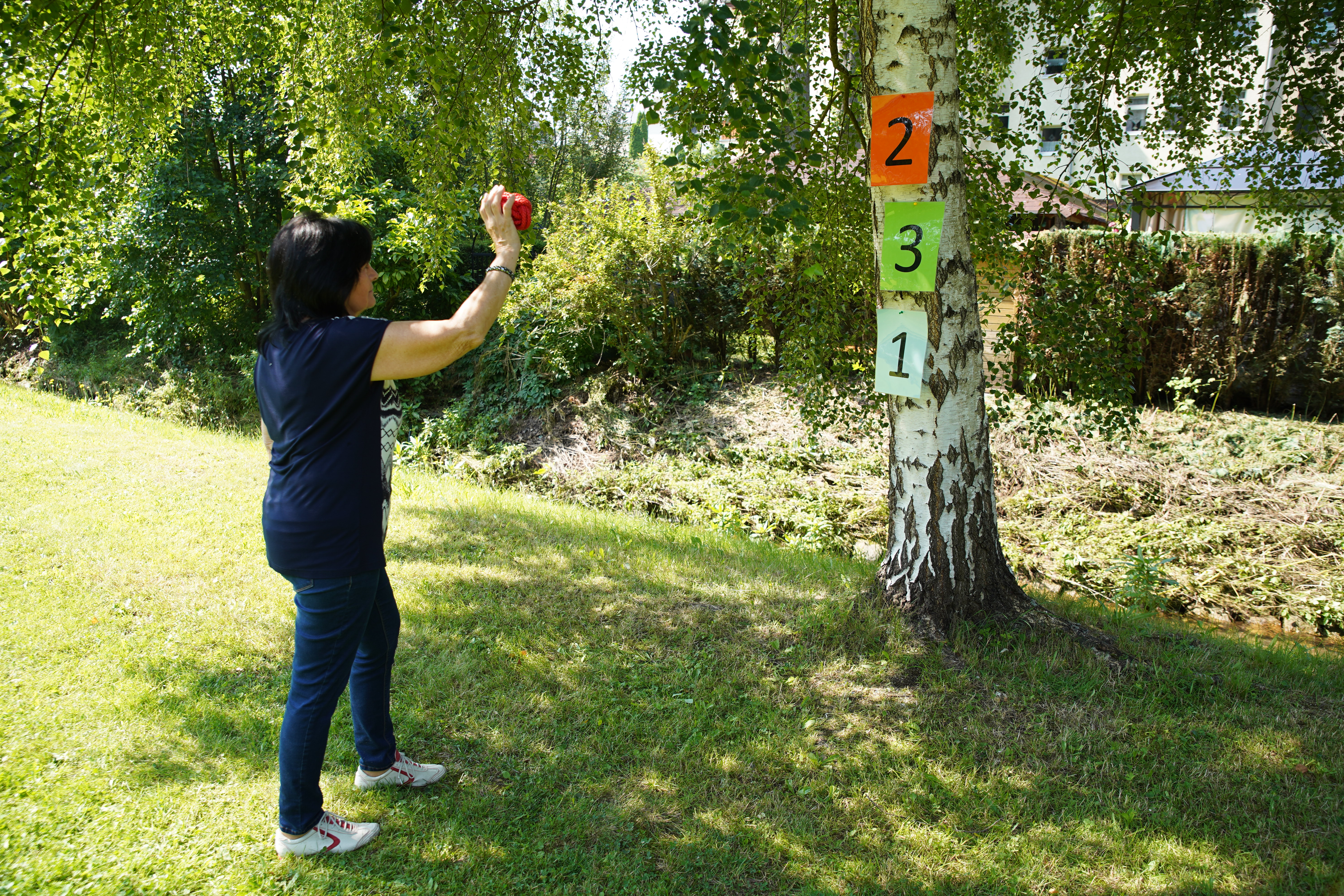 Person zielt mit Ball auf Wurffelder