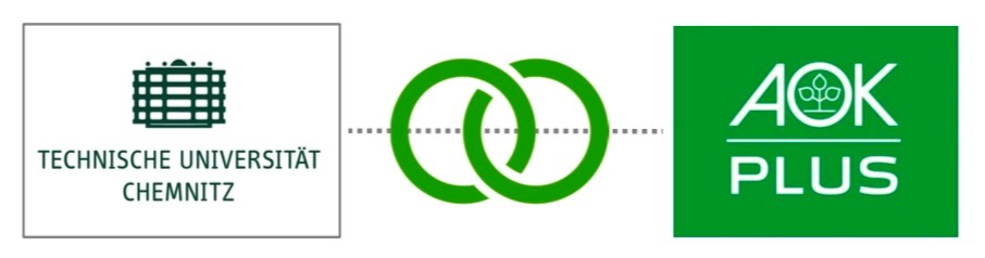 Logo der TU Chemnitz und der AOK Plus, eine Verbindung beider Logos symbolisiert die Zusammenarbeit