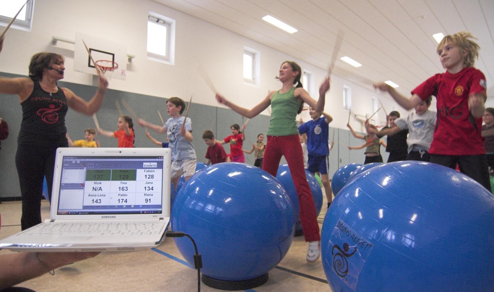 Bild einer Gruppe Kinder die auf Pezzibällen trommelt