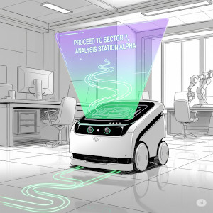 Illustration of a mobile robot that plans a path based on a voice command. (AI generated)