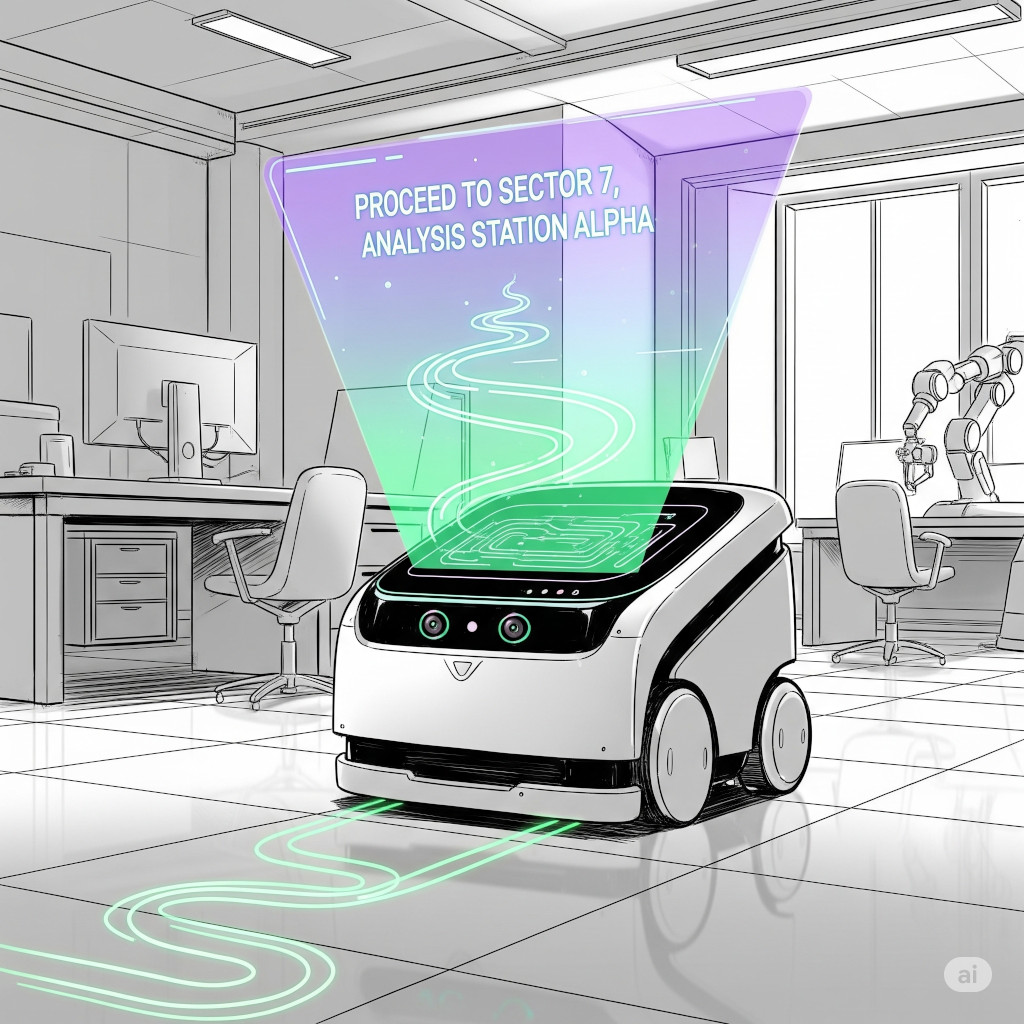 Illustration of a mobile robot that plans a path based on a voice command. (AI generated)