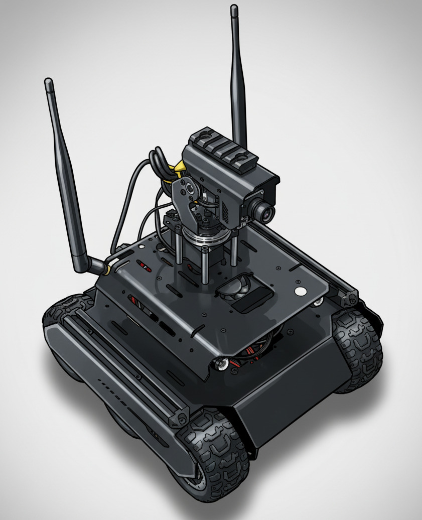 Image showing one of our mobile robots in front of an empty background. (AI generated)
