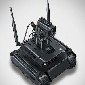 Image showing one of our mobile robots in front of an empty background. (AI generated)