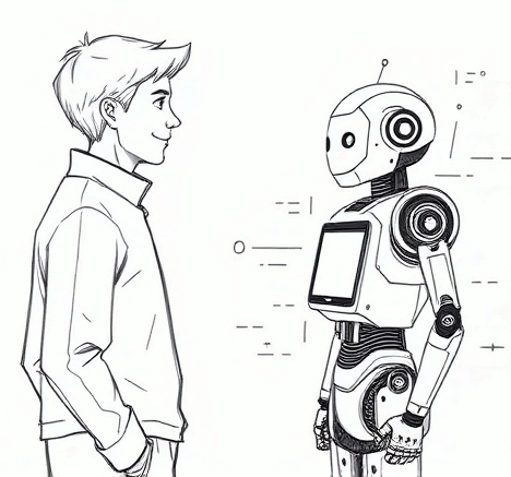 AI generated image showing a person talking to a human-like robot.