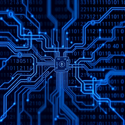 AI generated image showing some abstract ANN connections to a circuit with binary code in the background.