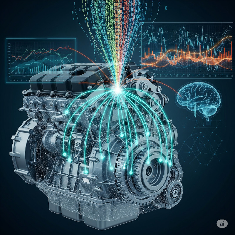 AI generated image showing some abstract view of a motor with different diagrams in the background as well as brain-like structures.