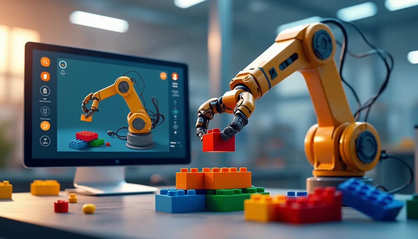 Robot arm building with Lego Duplo like bricks.