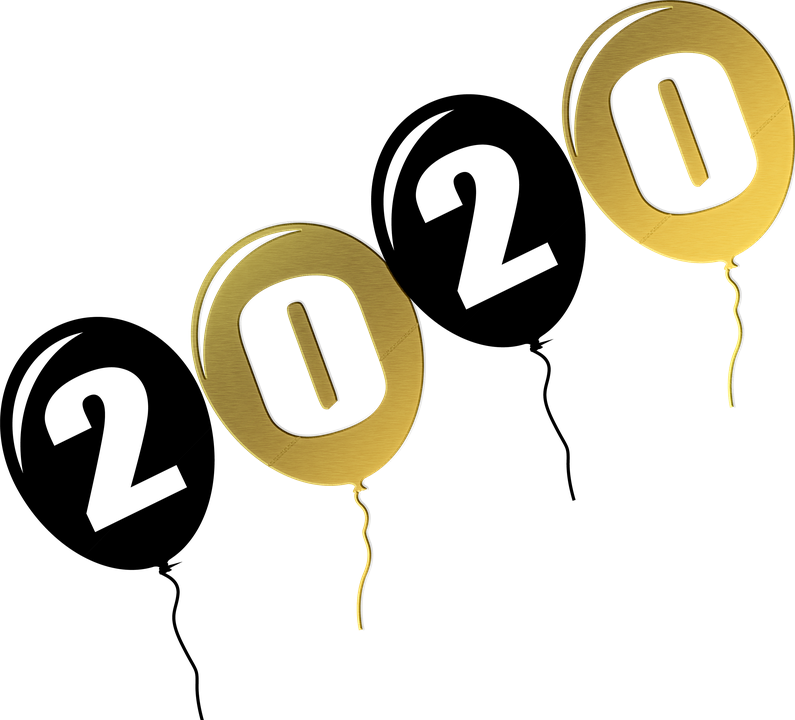 Abbildung von vier nebeneinanderliegenden Luftballons abwechselnd in schwarz und gold und innenliegend den Zahlen 2020