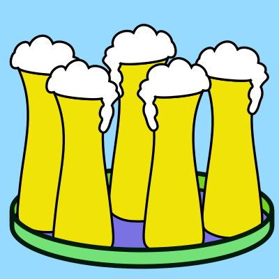 Abbildung von fünf Biergläsern mit einer Schaumkrone auf einem Tablett