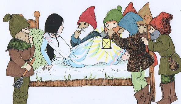 Abbildung von Schneewittchen und den sieben Zwergen, die sie im Bett vorfinden