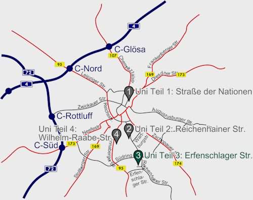 Lageplan der Uni-Tteile der TU-Chemnitz