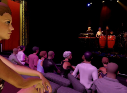 Live-Übertragung einer stereoskopischen Bühnenaufnahme in die mit Avataren bevölkerte virtuelle Eventlocation.