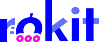 Logo des Projekts rokit - ein blauer Schriftzug, bei dem der Buchstabe o drei kleine pinke Räder hat