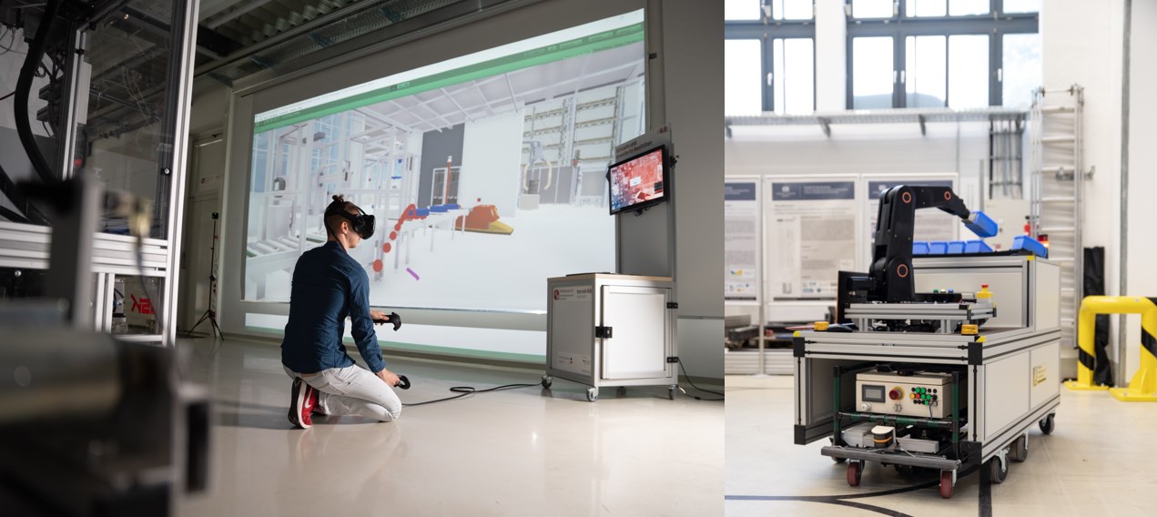 Ein Mitarbeiter der Professur Fabrikplanung und Intralogistik demonstriert praxisnahe Technologieanwendungen in der Experimentier- und Digitalfabrik des Lehrstuhls.