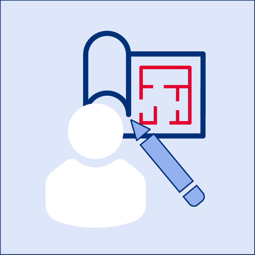 Das Icon illustriert die Planung und Optimierung von Fabrik- und Logistiksystemen, einer Dienstleistung der Professur Fabrikplanung und Intralogistik.