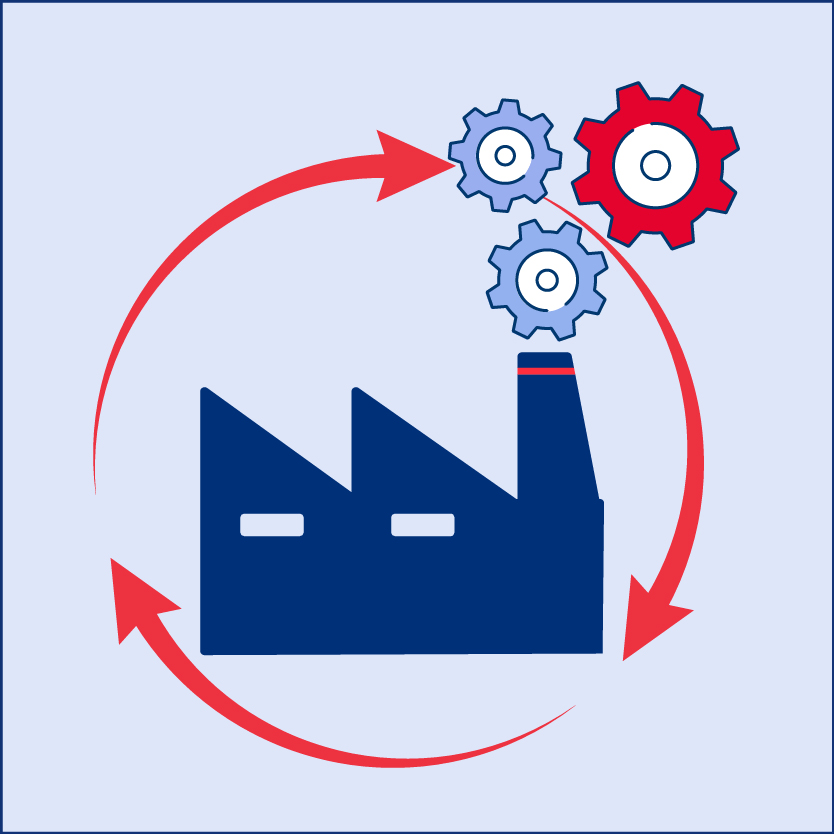 Das Icon illustriert die gezielte Modernisierung bestehender Maschinen und Anlagen, einer Dienstleistung der Professur Fabrikplanung und Intralogistik.