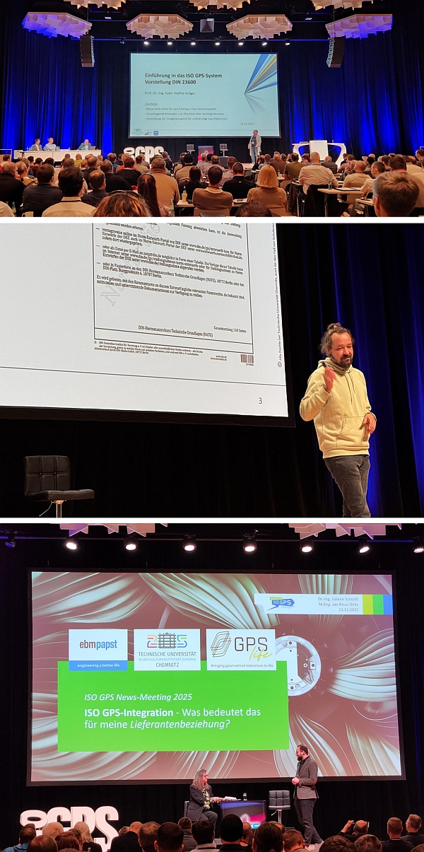 Sven Fiebig, Sophie Gröger und Juliane Schuldt bei Ihren Vorträgen zum ISO-GPS-Newsmeeting 2025 auf der Bühne des Carlowitz Congress Centers - 11.-13.11.2025