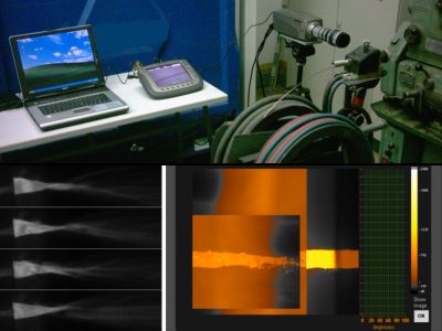 Hochgeschwindigkeitskamera (oben)<br />Drahtabschmelzverhalten (unten links) Drahtdiagnostik SprayWatch� (unten rechts)