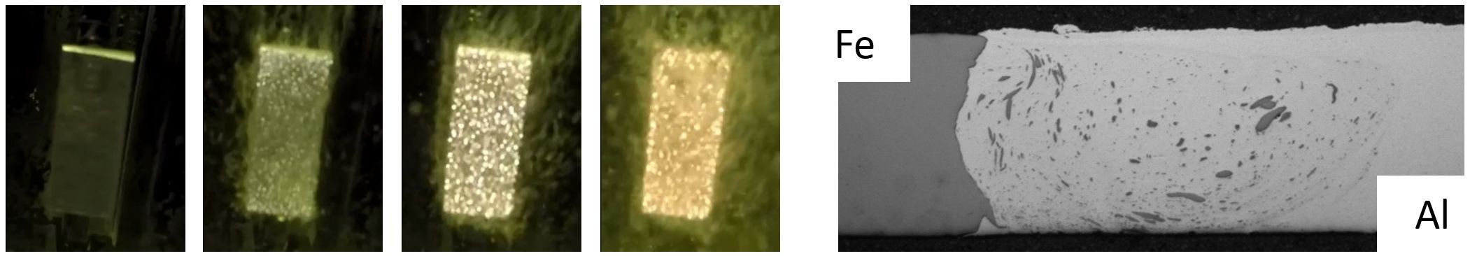 Abbildung 1: Fotostrecke eines PEO-Prozesses (links), lichtmikroskopische Aufnahme eines FSW-Werkstoffverbundes (rechts) 