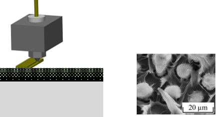 Elektronenmikroskopische Aufnahme einer anodischen Oxidschicht (links) sowie Schemata für das Andrucken von Kunststoff auf einem Metall mittels FFF (rechts). 