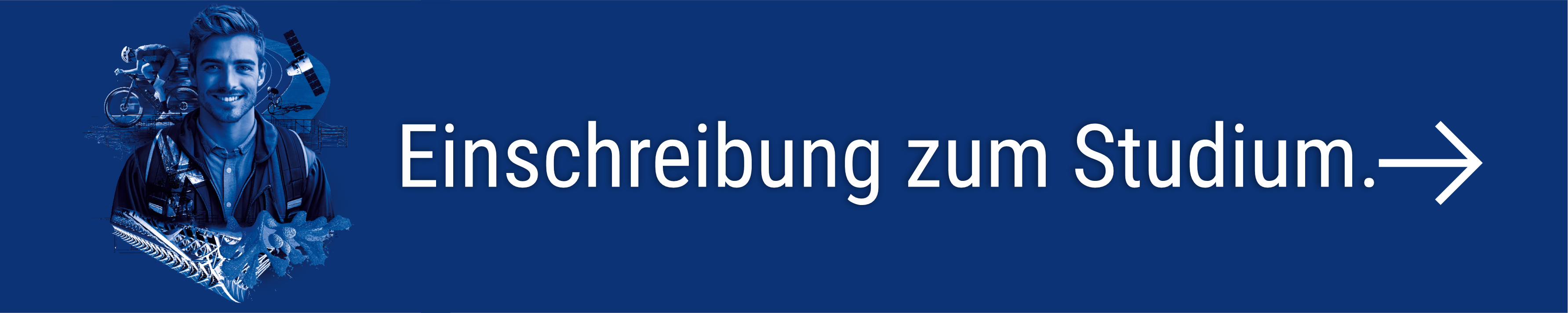 Logo Technik für Menschen und weißer Schriftzug 'Einschreibung zum Studium.' vor blauem Hintergrundbild mit Mann und Technikequipment