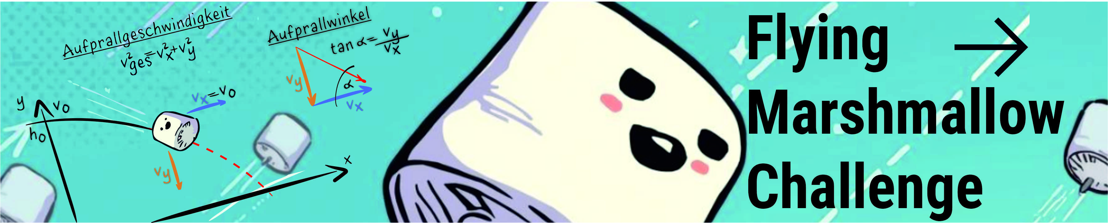 Fliegender Marshmallow im Hintergrund mit physikalischen Formeln