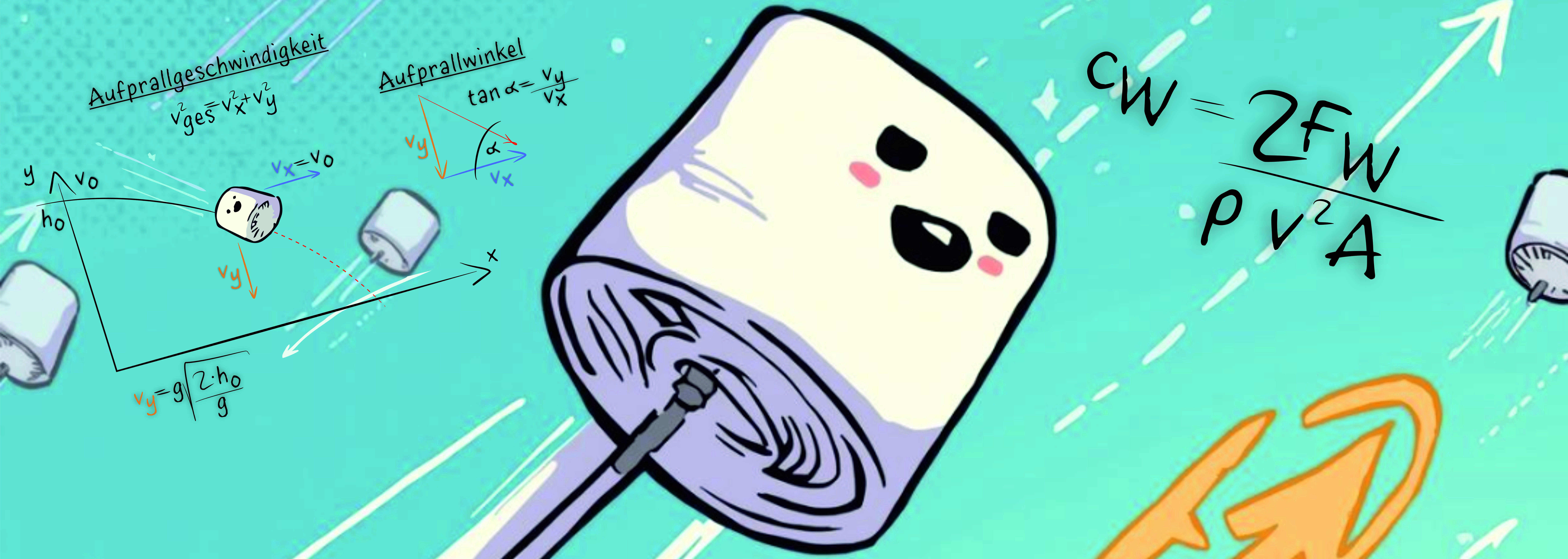 Fliegender Marshmallow im Hintergrund mit physikalischen Formeln
