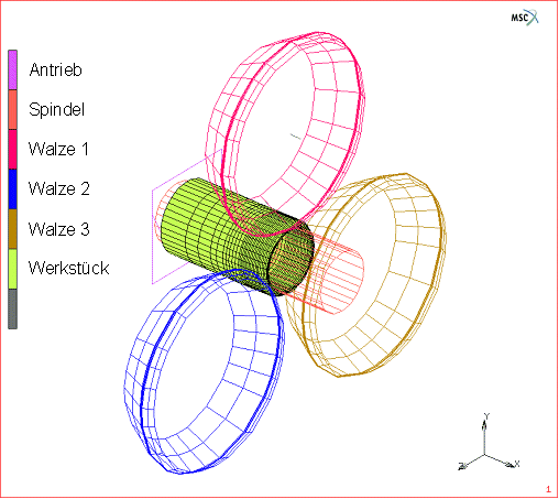 FEM simulation image of flow-forming with three rollers in contour view
