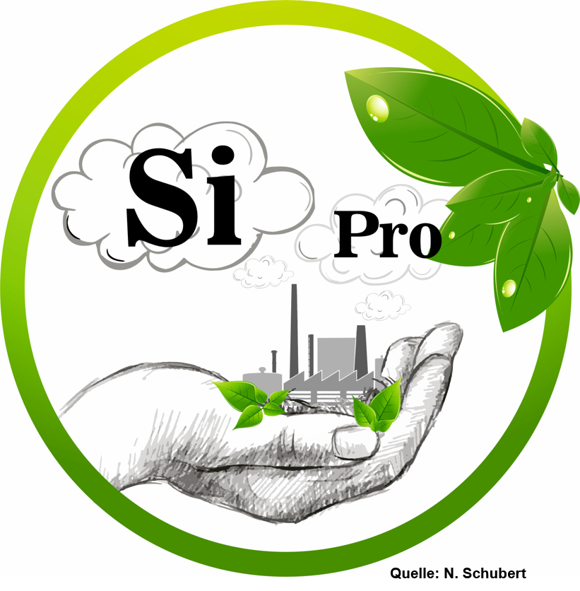 Project logo: Hand holds a manufacturing factory and is surrounded by a green circle with leaves to represent resource efficiency