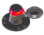 FEM simulation image of metal spinning, roller presses blank onto a rotationally symmetrical mandrel